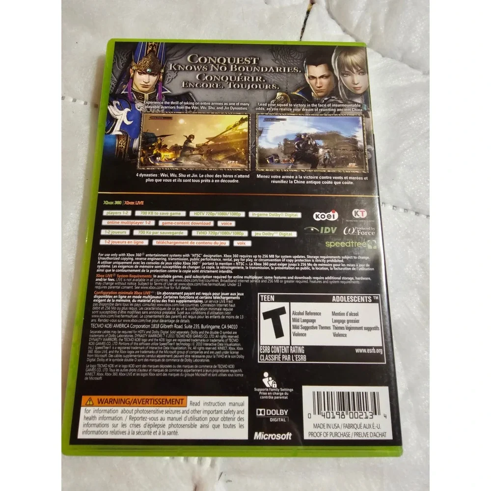 Dynasty Warriors 7 Xbox‎ 360 Game Action Adventure Teen Rated ESRB